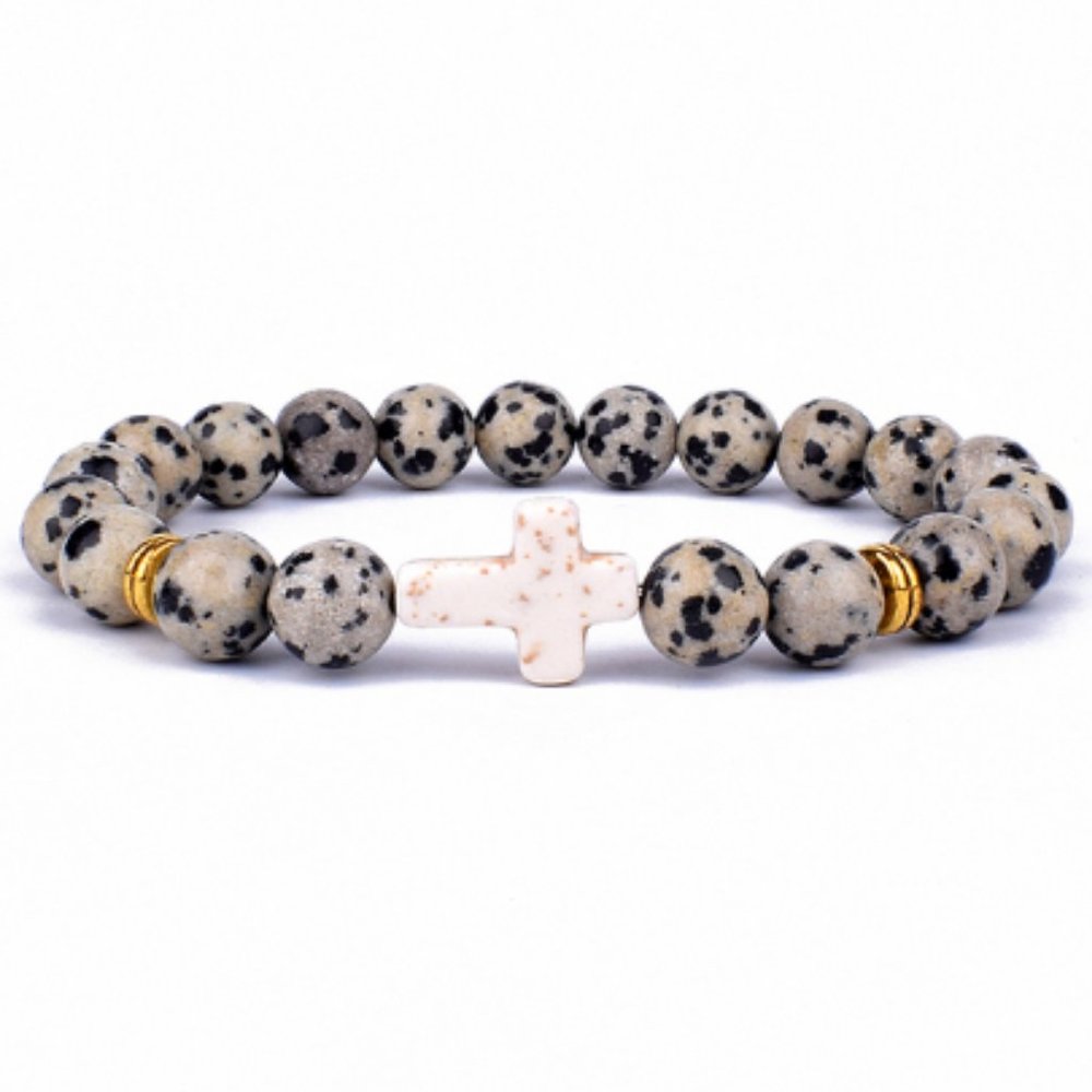 Dalmatian Jasper Bracelet,Cross Bracelet,Dalmatian Bracelet,8mm Gemstone Beads